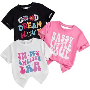 الفتيات القصيرة بأكمام رسومية القمصان Crewneck Kids Tee Tops ، Girl Summer Summer Disual Clothers 3 Packs