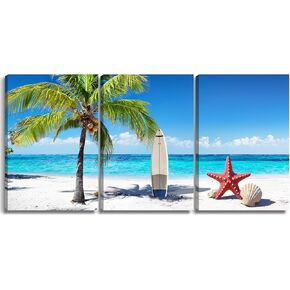 3 Pcs Summer Beach Wall Art Decor, Coconut Tree Canvas Painting Posters,Seaside Starfish Shells Hawaii Pictures for Living Room Bedroom Home Decoration 12 * 18(Frame)