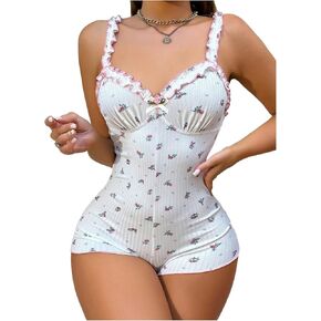 SOLY HUX Women's Floral Print Romper Pajama Frill Trim V Neck Sleeveless Short Jumpsuit in Kuwait