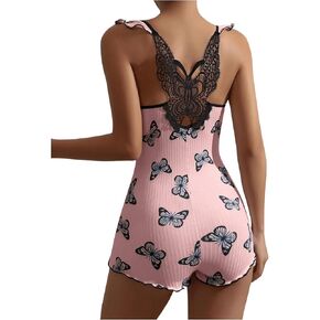 Women's Butterfly Print Romper Pajamas Ruched Front Lettuce Trim Lace Back Onesie Sleepwear