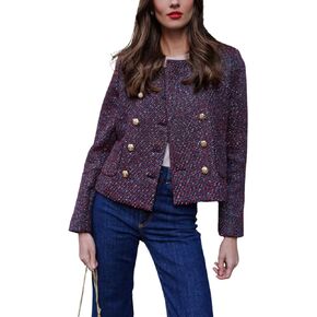 chouyatou Women's Double Breasted Tweed Blazer Jacket Business Casual Dressy Tweed Jacket Office Work Suit