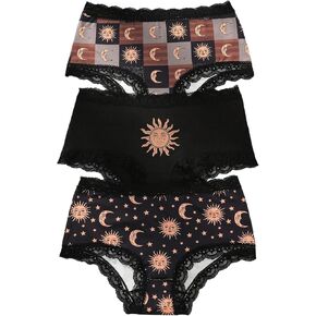 WDIRARA Women's 3 Pack Set Gothic Graphic Print Panties Lace Trim Mid Rise Underwear Briefs