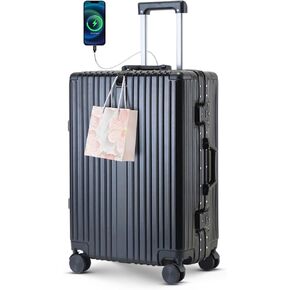 22 inch carry on luggage Durable Suitcase with Cup Phone Holder USB Port Aluminium Frame Carry on Luggage with 8 Double Spinner Wheels TSA Lock Suitcase with Cup Holder Carry On Luggage with USB Port