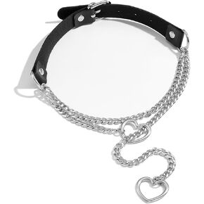 MIFYNN Black Leather Choker with Long Heart Chain Necklace Goth Punk Stainless Steel Cuban Link Lariat Necklaces Handmade Gothic Slip Chain Necklace Collar for Women