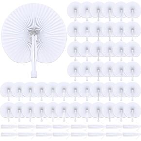 Wytaohzl 100pcs مشجعي ورق أبيض قابل للطي على شكل جولة على شكل مروحة مع أكياس مروحة من البلاستيك مقبض زواج زواج زفاف معجبين لحفل الزفاف لصالح الحفلات استحمام الطفل لوازم اللوازم
