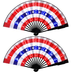 Roowest 2 Pcs Patriotic Light up American Flag Fan 4th of July Handheld LED Fabric Glowing Chinese Folding Fan for Independence Day Parade Pride Party, Red Blue and White
