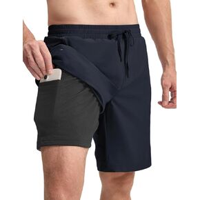 BGOWATU 2 in 1 Men's Swim Trunks Board Shorts with Compression Liner Quick Dry Bathing Suit 9" Beach Shorts with Pockets