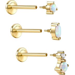 G23 Implant Grade Titanium Flat Back Earrings Studs: 14K Gold Hypoallergenic 3 Pcs 18G Internally Threaded Tragus Cartilage Helix Piercing Jewelry Opal Earring for Sensitive Ears Women Men