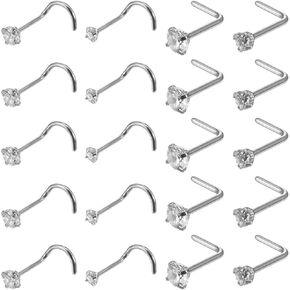 20 Pcs Nose Rings Studs Corkscrew Nose Piercing Stud L-Shape Nostril Piercing Jewelry Zirconia End Nasal Labret Lip Stainless Steel Screw Studs Rings for Women Men