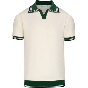 OXKNIT Men's Polo Shirts Short Sleeve Knitted Casual White Summer Shirt with Green Collar