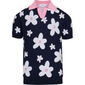 OXKNIT V-Neck Knit Polo for Men Geometric Patterns Dark Blue Knit Casual Golf Poloshirts