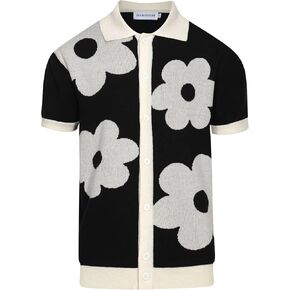 OXKNIT Mens Casual 60s Retro White Flower Knitted Short Sleeve Vintage Button Down Golf Polo