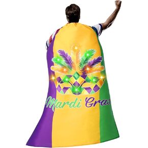 1 Pcs Light up Mardi Gras Cape Mardi Gras Multicolor Deluxe Cape Mardi Gras Celebration Dress up for Adult Party (Batteries Not Included)