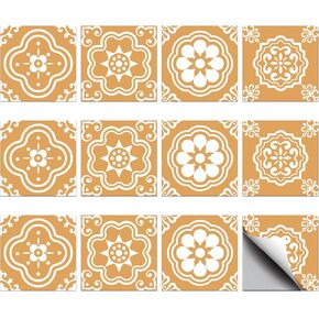 CHGCRAFT 36pcs 4 Styles Bohemian Mustard Style Pattern Tile Stickers Waterproof Tile Stickers Square with Flower Pattern for Kitchen Bathroom Bedroom Wall Fireplace Floor Decoration, 3.94×3.94inch