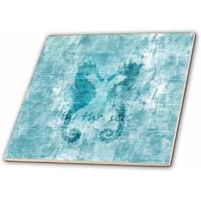 3dRose Aqua Nautical Beach Sea Horses - Ceramic Tile, 12" (ct_213039_4)