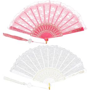 2Pcs Lace Folding Fans Handheld Hand Fans with White Lotus Jade Tassel for Women Wedding Party Favor Costume Dancing Party - (White, Pink)