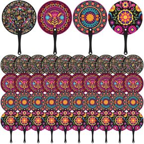 Yaomiao 40 Pcs Mexica Handheld Fan Fiesta Mexico Theme Party Favors 4 Styles Round Shaped Fans Bulk for Women Mexican Fiesta Party Supplies Festival Gifts