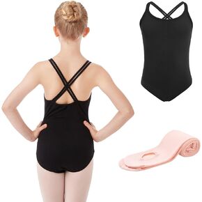 HiDance Cotton Camisole Ballet Leotards for Girls/Toddlers/Kids (Black,7XL(Above 14 Years)) + Girl's Dance Transition Tights (Ballet Pink,10-15 Years)