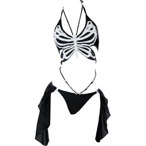 Meowcos Goth bikini مجموعة بقو القوطية ملابس السباحة بدلة السباحة مع تصميم فراشة جمجمة مميزة