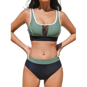 CUPSHE Women's Bikini Sets Two Piece Swimsuit High Waisted Scoop Neck Bathing Suit Color Block Swimwear