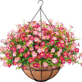 Ouddy Decor Artificial Hanging Flowers with Basket, Faux Silk Flowers in Coconut Lining Basket, Spring Summer Outdoor Decor Fake Hanging Plants for Garden Patio Yard Porch Lawn, Mixed Color