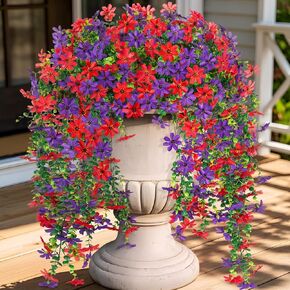 Artificial Hanging Flowers Outdoor Spring Decoration, Fake Hanging Vine Plants UV Resistant, Faux Daisy Flower Eucalyptus for Outside Home Indoor Porch, Red Purple