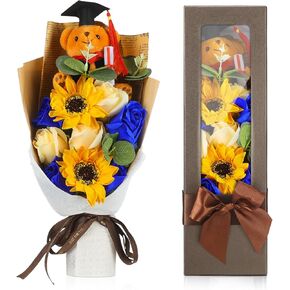 13" Graduation Rose Sunflower Scented Soap Flower Bouquet Graduation Artificial Flower Bouquet Mini Plush Graduation Bear Bouquet Floral Arrangements Gift Box for Graduation Party (Blue)