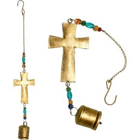 Cross Hanging Ornament with Colorful Beads and Bell – Decorative Metal Wind Chime for Home, Garden, or Spiritual Decor