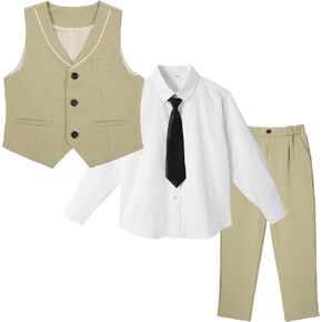 LOLANTA Boys 4-Piece Formal Suit, Wedding Ring Bearer Outfit Vest Suit Pants with White Dress Shirt and Tie for 3-14 Years