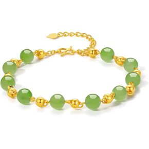 24K Gold Bracelet Women Jade Bracelets Healing Gemstone Green Beads Chain Good Luck Jewelry Ball Charm Adjustable Stackable Dainty Fortune Protection Real Gold Gifts Y078935