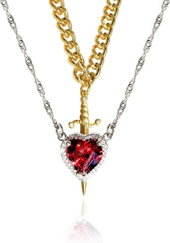 Heart and Sword Couples Necklace Gold Stainless Steel Pink Heart Zirconia Chain Trendy Matching Sword Through Heart Necklace Set Romantic Necklaces for friend Couple in Saudi Arabia