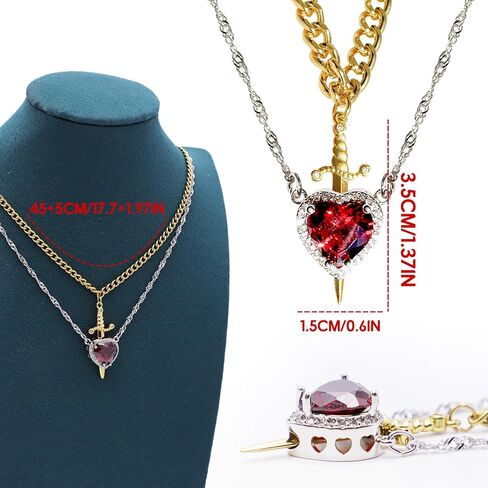 Heart and Sword Couples Necklace Gold Stainless Steel Pink Heart Zirconia Chain Trendy Matching Sword Through Heart Necklace Set Romantic Necklaces for friend Couple in Saudi Arabia