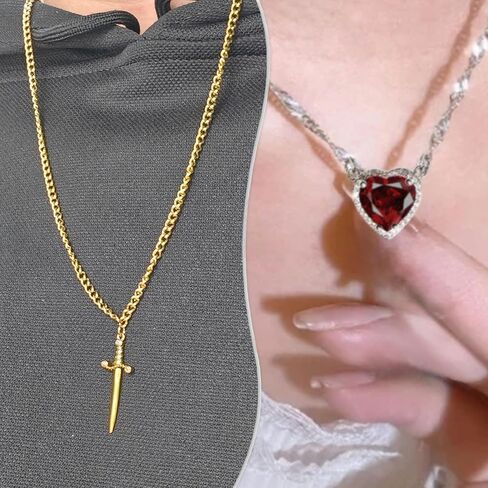 Heart and Sword Couples Necklace Gold Stainless Steel Pink Heart Zirconia Chain Trendy Matching Sword Through Heart Necklace Set Romantic Necklaces for friend Couple in Saudi Arabia