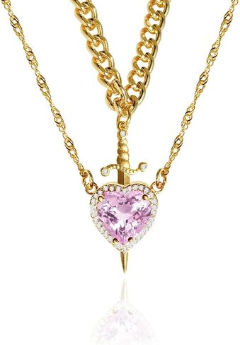Heart and Sword Couples Necklace Gold Stainless Steel Pink Heart Zirconia Chain Trendy Matching Sword Through Heart Necklace Set Romantic Necklaces for friend Couple in Kuwait