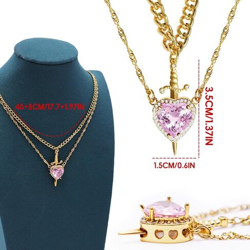 Heart and Sword Couples Necklace Gold Stainless Steel Pink Heart Zirconia Chain Trendy Matching Sword Through Heart Necklace Set Romantic Necklaces for friend Couple in Kuwait