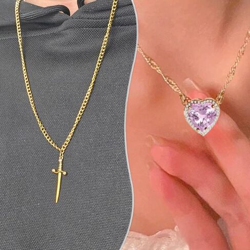 Heart and Sword Couples Necklace Gold Stainless Steel Pink Heart Zirconia Chain Trendy Matching Sword Through Heart Necklace Set Romantic Necklaces for friend Couple in Kuwait
