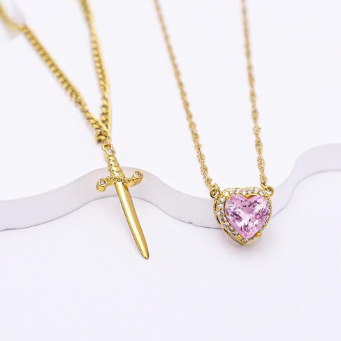 Heart and Sword Couples Necklace Gold Stainless Steel Pink Heart Zirconia Chain Trendy Matching Sword Through Heart Necklace Set Romantic Necklaces for friend Couple in Kuwait