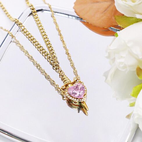 Heart and Sword Couples Necklace Gold Stainless Steel Pink Heart Zirconia Chain Trendy Matching Sword Through Heart Necklace Set Romantic Necklaces for friend Couple in Kuwait
