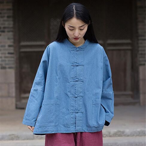 LUZU JUNU Women's Oversized Denim Jacket Casual Long Sleeve Classic Frog Buttons Loose Jean Jacket Coat in Saudi Arabia