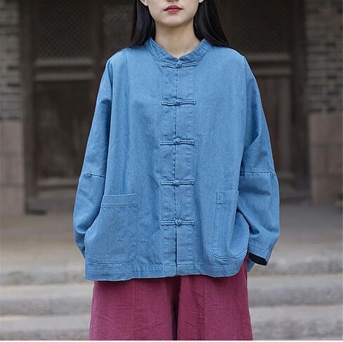 LUZU JUNU Women's Oversized Denim Jacket Casual Long Sleeve Classic Frog Buttons Loose Jean Jacket Coat in Saudi Arabia