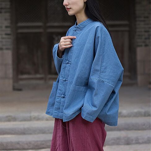 LUZU JUNU Women's Oversized Denim Jacket Casual Long Sleeve Classic Frog Buttons Loose Jean Jacket Coat in Saudi Arabia