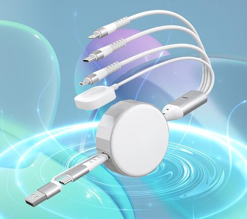 100W Retractable Multi Charging Cable with Apple Watch Charger - 4 in 1 Retractable Cable Portable Charger with Lightning/Micro/Type C/iWatch for iPad, Tablets, iPhone Retractable Multi Charging Cord in Kuwait