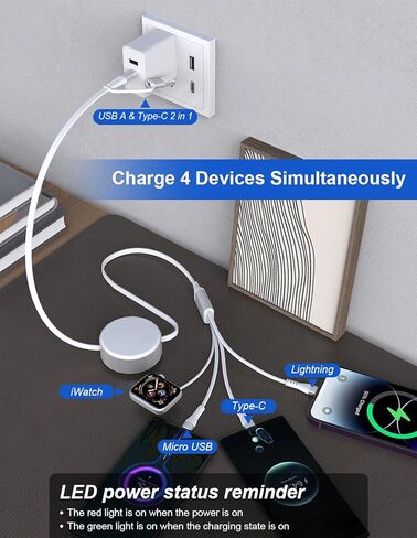 100W Retractable Multi Charging Cable with Apple Watch Charger - 4 in 1 Retractable Cable Portable Charger with Lightning/Micro/Type C/iWatch for iPad, Tablets, iPhone Retractable Multi Charging Cord in Kuwait