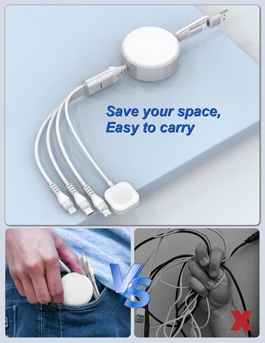 100W Retractable Multi Charging Cable with Apple Watch Charger - 4 in 1 Retractable Cable Portable Charger with Lightning/Micro/Type C/iWatch for iPad, Tablets, iPhone Retractable Multi Charging Cord in Kuwait