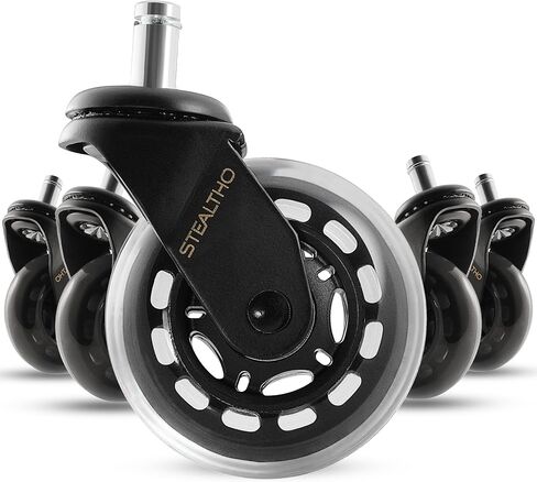 مجموعة عجلات كراسي المكتب الأصلية من Stealtho مكونة من 5 قطع - تحمي الأرضيات الصلبة والسجاد - عجلات بديلة شديدة التحمل - بولي يوريثين أسود ناعم - مقاس عالمي 7/16 بوصة × 7/8 بوصة in Kuwait