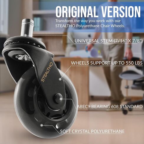مجموعة عجلات كراسي المكتب الأصلية من Stealtho مكونة من 5 قطع - تحمي الأرضيات الصلبة والسجاد - عجلات بديلة شديدة التحمل - بولي يوريثين أسود ناعم - مقاس عالمي 7/16 بوصة × 7/8 بوصة in Kuwait