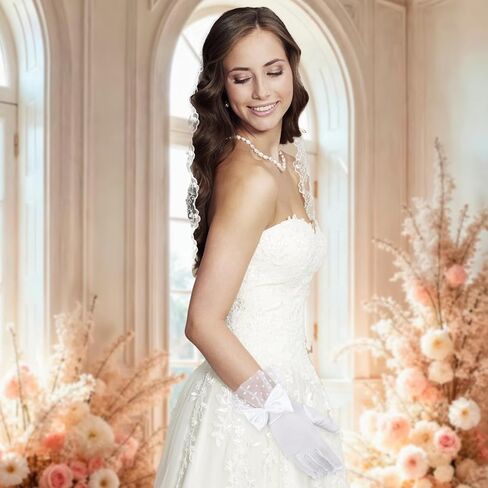 Lusofie Lace Gloves Women Tea Party Bow Short Wedding Gloves for Bridal Elegant Accessories Wrist Length Formal Gloves in Saudi Arabia