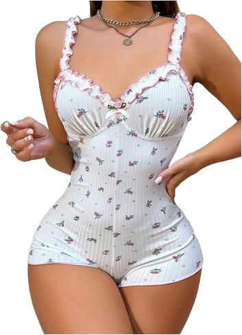 SOLY HUX Women's Floral Print Romper Pajama Frill Trim V Neck Sleeveless Short Jumpsuit in Kuwait