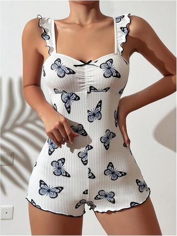 Women's Butterfly Print Romper Pajamas Ruched Front Lettuce Trim Lace Back Onesie Sleepwear in Saudi Arabia