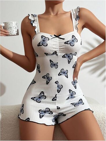 Women's Butterfly Print Romper Pajamas Ruched Front Lettuce Trim Lace Back Onesie Sleepwear in Saudi Arabia